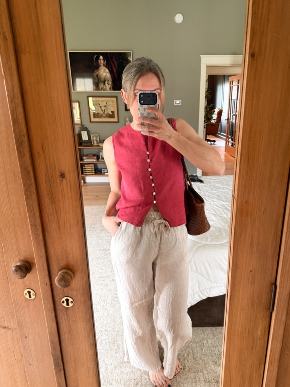 Red Linen Sleeveless Button Front Top | Minimal Summer Blouse | Small
